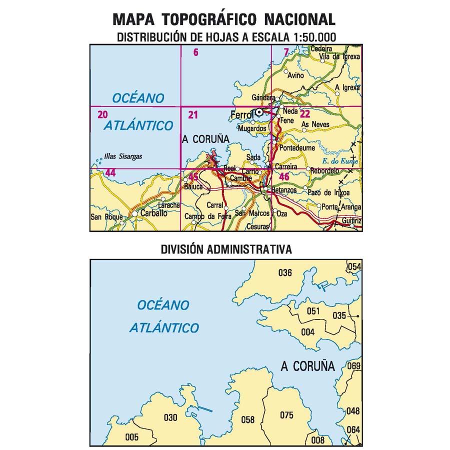 Carte topographique de l'Espagne n° 0021 - A Coruña | CNIG - 1/50 000 carte de randonnée CNIG