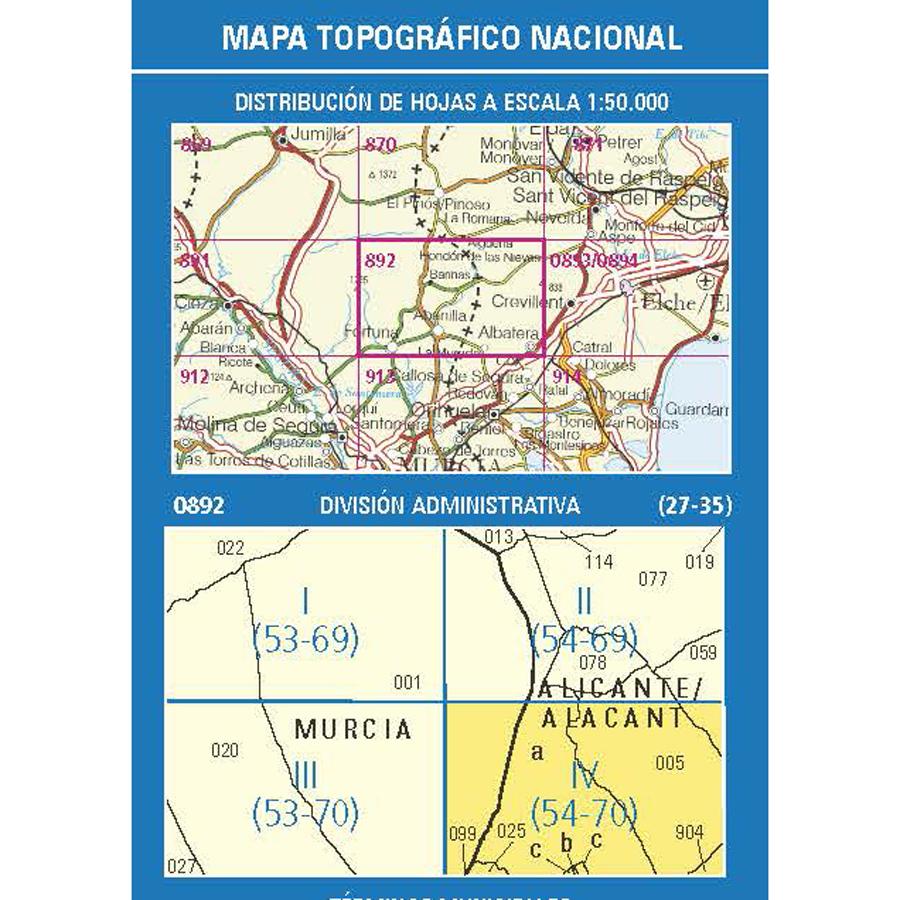 Carte topographique de l'Espagne n° 0892.4 - Albatera | CNIG - 1/25 000 carte de randonnée CNIG