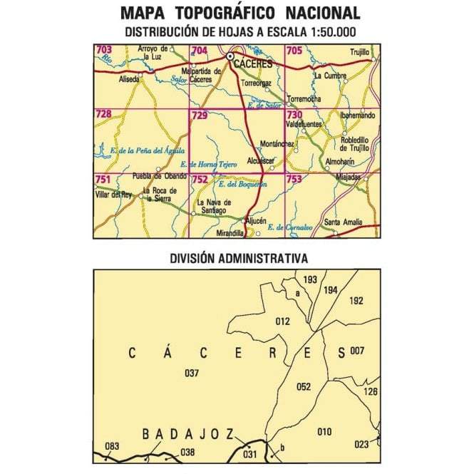 Carte topographique de l'Espagne n° 0729 - Alcuéscar | CNIG - 1/50 000 carte de randonnée CNIG