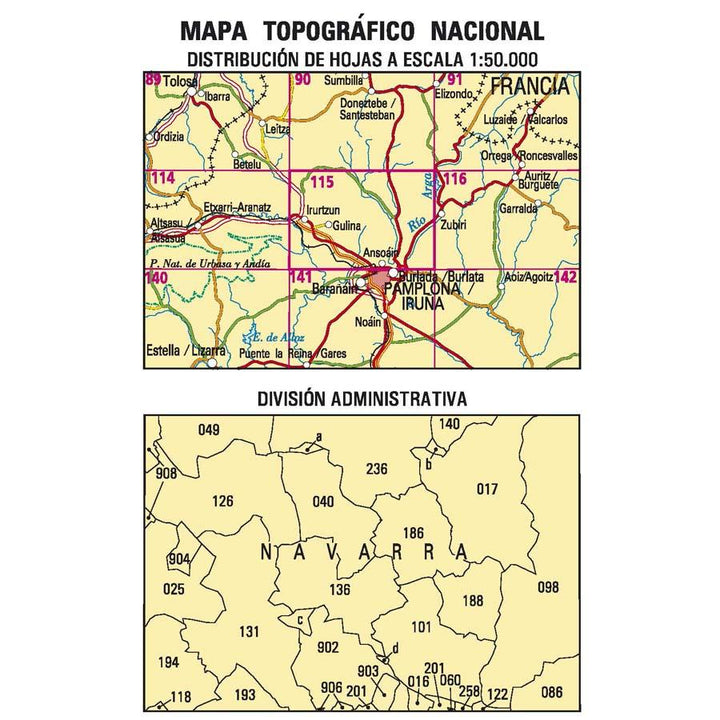 Carte topographique de l'Espagne - Ansoaín, n° 0115 | CNIG - 1/50 000 carte pliée CNIG 