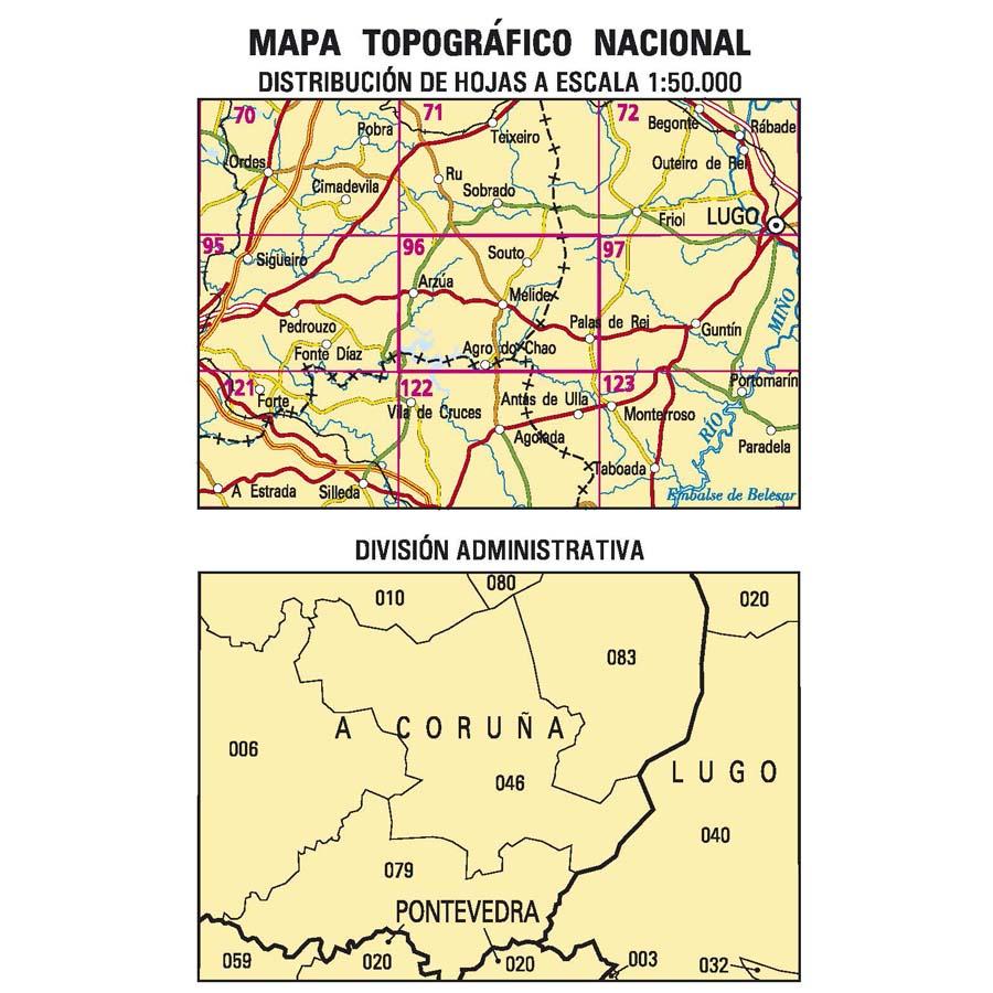 Carte topographique de l'Espagne n° 0096 - Arzúa | CNIG - 1/50 000 carte de randonnée CNIG