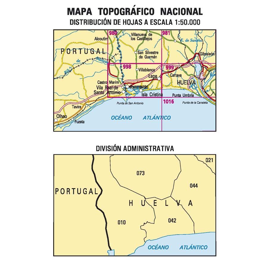 Carte topographique de l'Espagne n° 0998 - Ayamonte | CNIG - 1/50 000 carte de randonnée CNIG