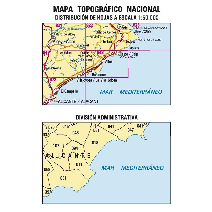 Carte topographique de l'Espagne n° 0848 - Benidorm | CNIG - 1/50 000 carte de randonnée CNIG