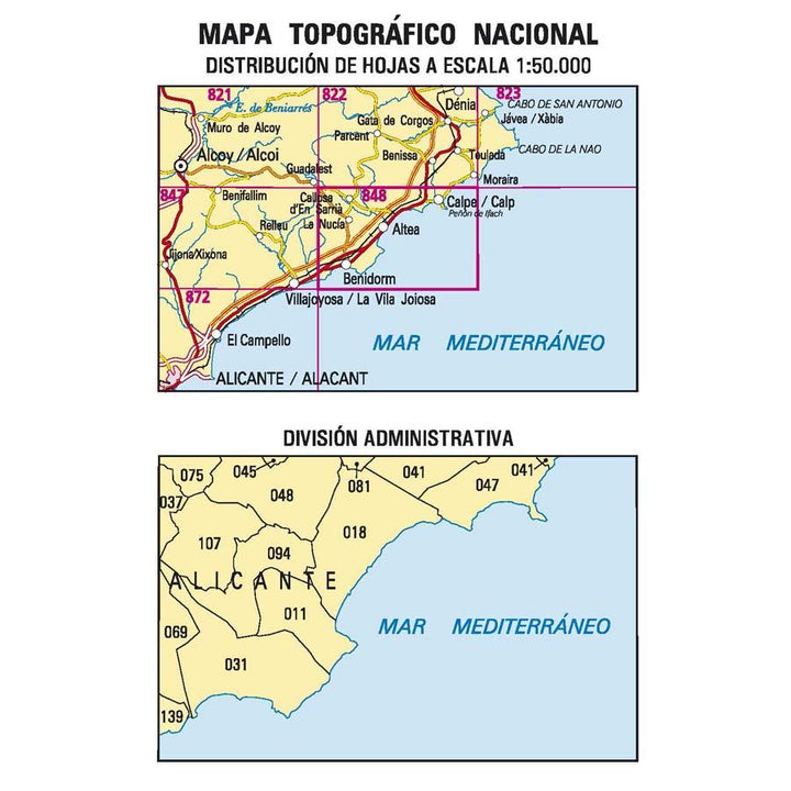 Carte topographique de l'Espagne - Benidorm, n° 0848 | CNIG - 1/50 000 carte pliée CNIG 