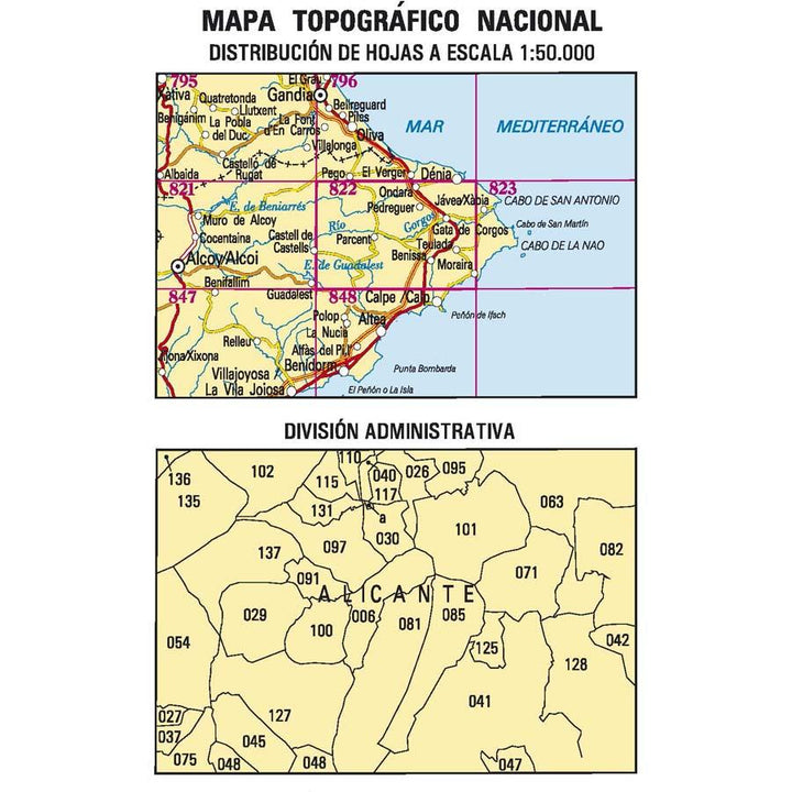 Carte topographique de l'Espagne - Benissa, n° 0822 | CNIG - 1/50 000 carte pliée CNIG 