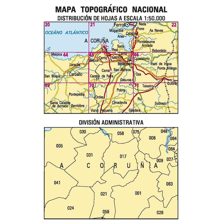 Carte topographique de l'Espagne - Betanzos, n° 0045 | CNIG - 1/50 000 carte pliée CNIG 