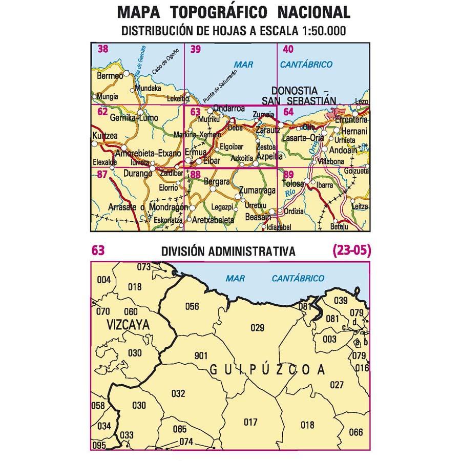 Carte topographique de l'Espagne - Eibar, n° 63, n° 0063 | CNIG - 1/50 000 carte pliée CNIG 