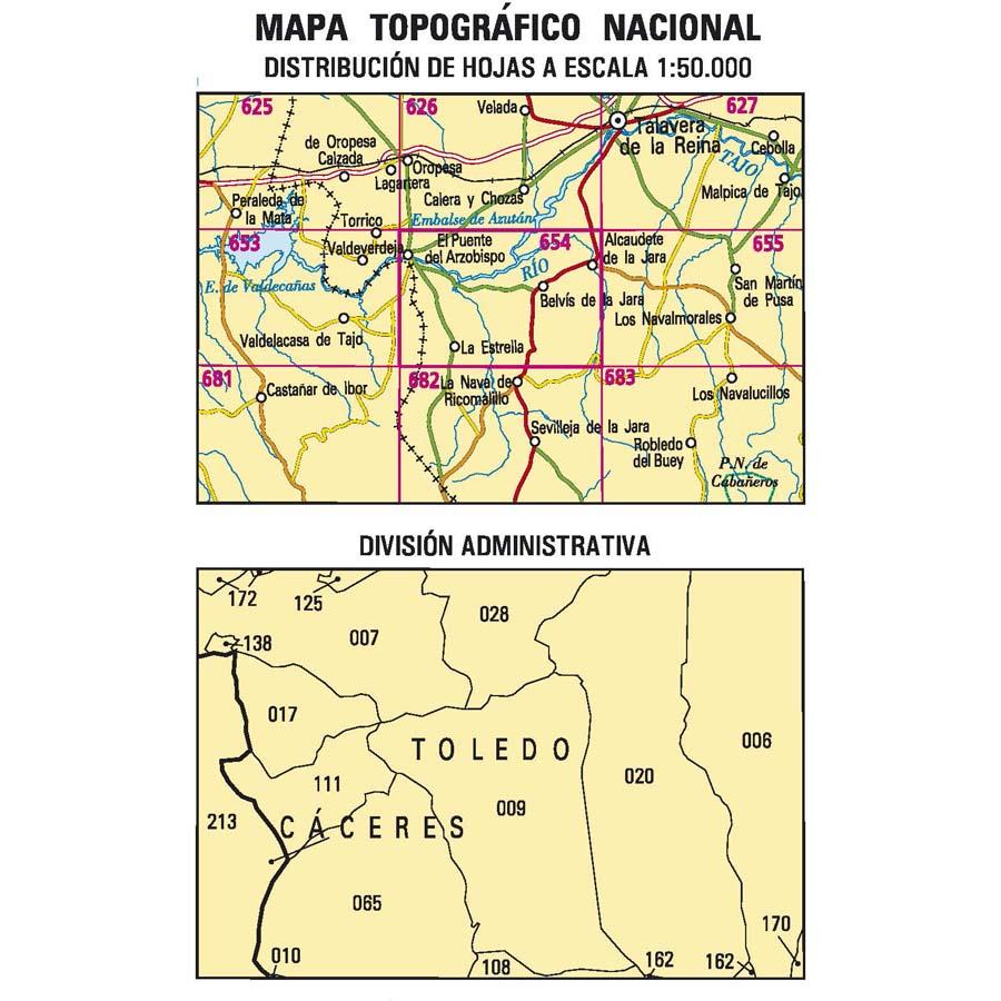 Carte topographique de l'Espagne - El Puente del Arzobispo, n° 0654 | CNIG - 1/50 000 carte pliée CNIG 