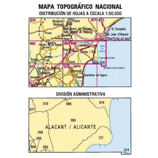 Carte topographique de l'Espagne n° 0893/894 - Elche/Elx | CNIG - 1/50 000 carte de randonnée CNIG
