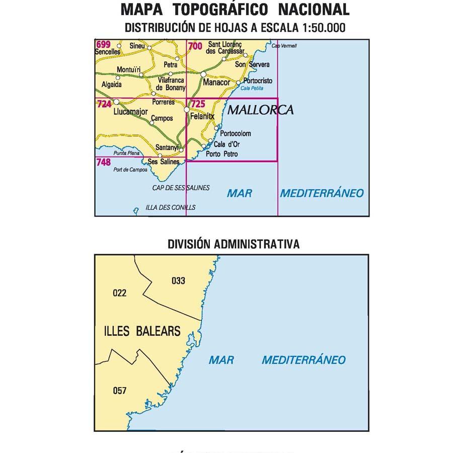 Carte topographique de l'Espagne - Felanitx (Mallorca), n° 0725 | CNIG - 1/50 000 carte pliée CNIG 