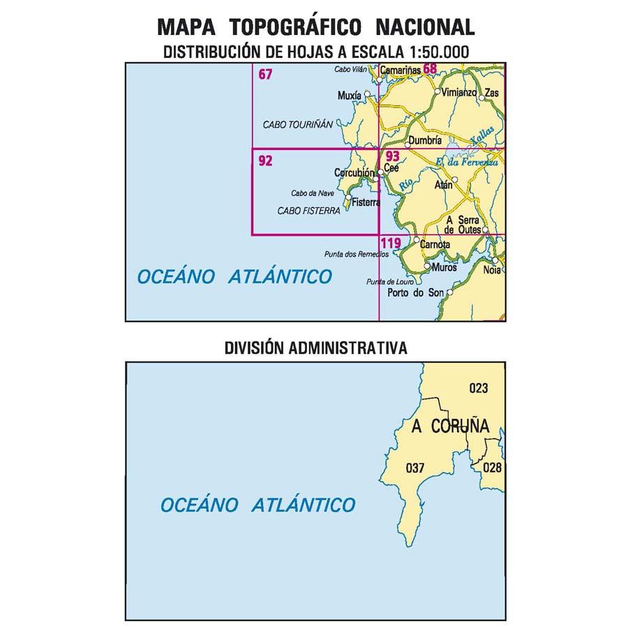 Carte topographique de l'Espagne n° 0092 - Fisterra | CNIG - 1/50 000 carte de randonnée CNIG