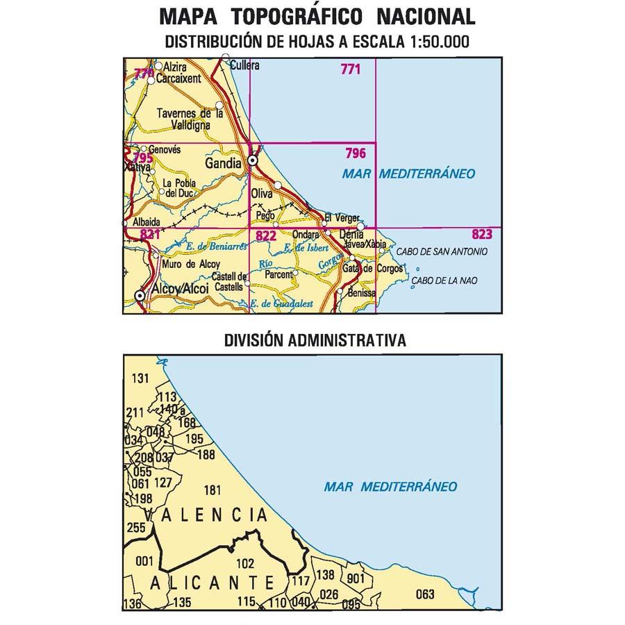 Carte topographique de l'Espagne n° 0796 - Gandía | CNIG - 1/50 000 carte de randonnée CNIG