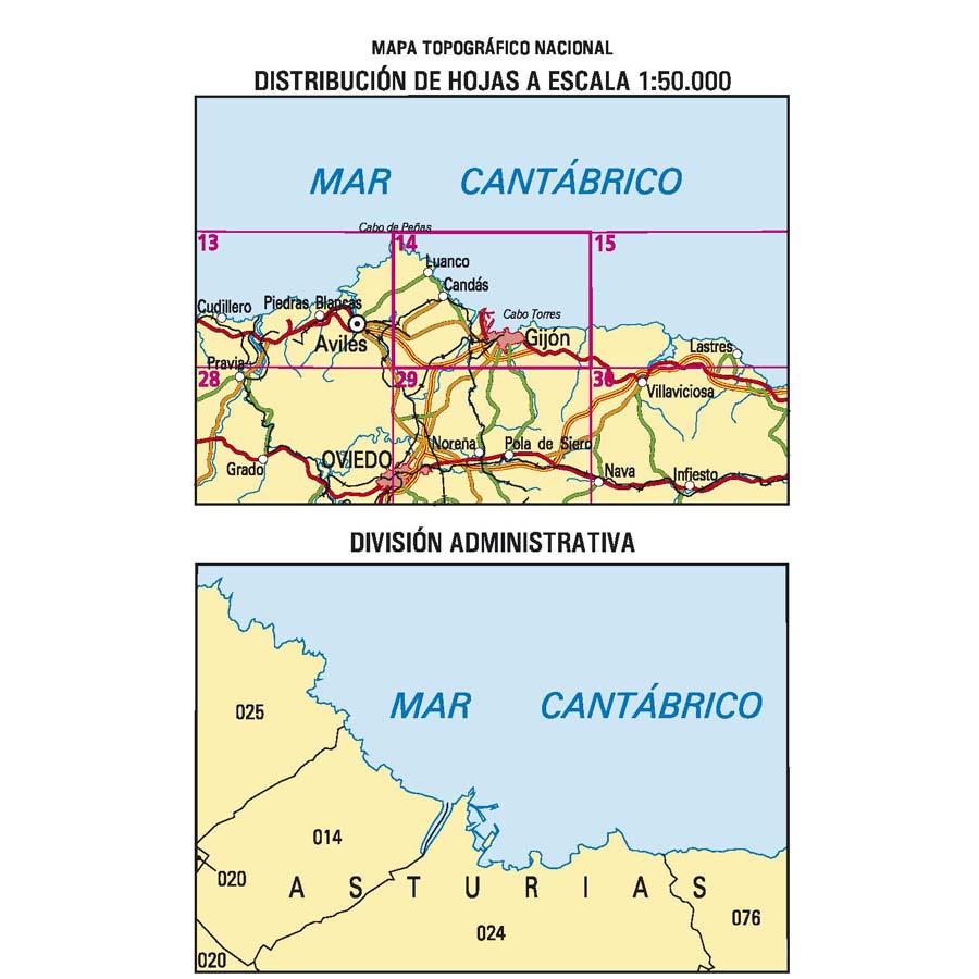 Carte topographique de l'Espagne n° 0014 - Gijón | CNIG - 1/50 000 carte de randonnée CNIG
