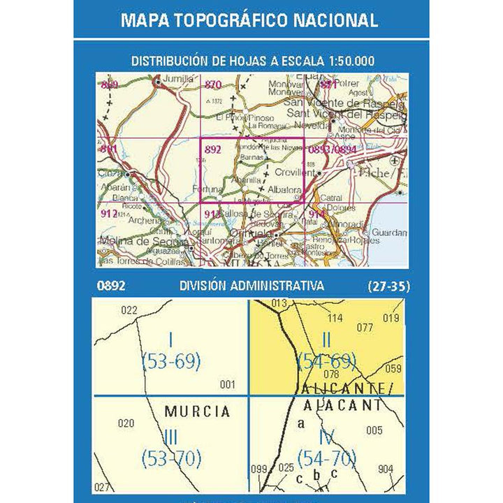 Carte topographique de l'Espagne - Hondón de los Frailes, n° 0892.2 | CNIG - 1/25 000 carte pliée CNIG 