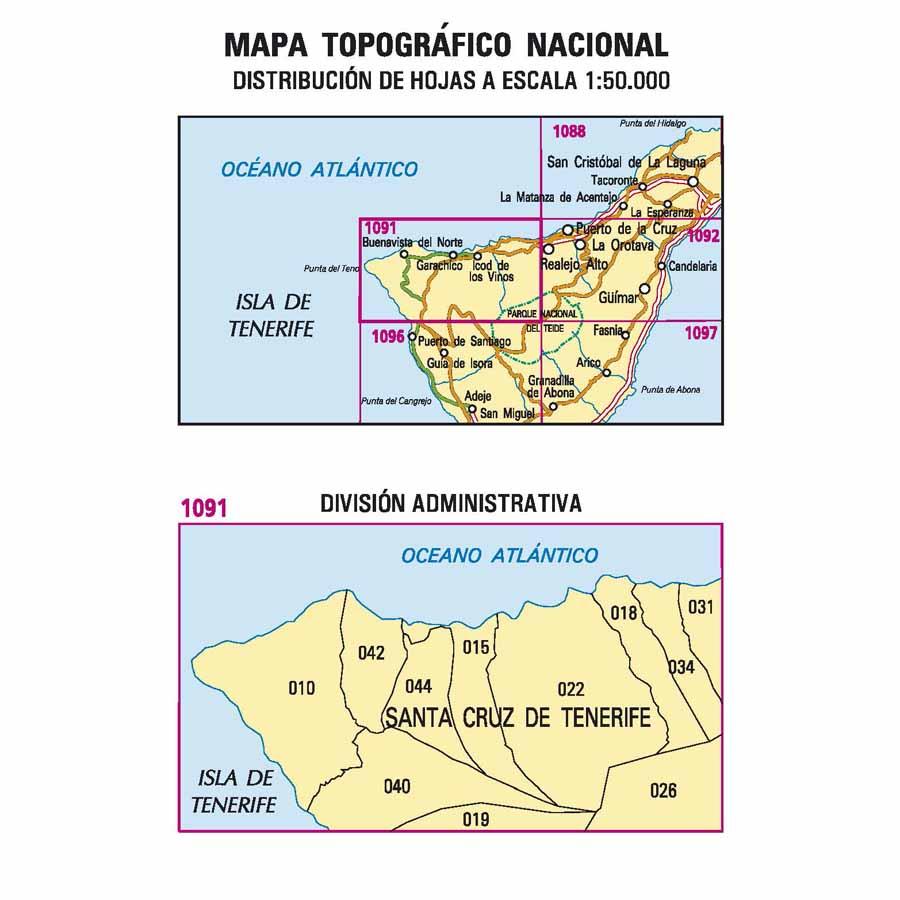 Carte topographique de l'Espagne - Icod de los Vinos (Tenerife), n° 1091 | CNIG - 1/50 000 carte pliée CNIG 