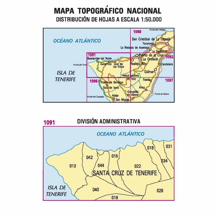 Carte topographique de l'Espagne - Icod de los Vinos (Tenerife), n° 1091 | CNIG - 1/50 000 carte pliée CNIG 