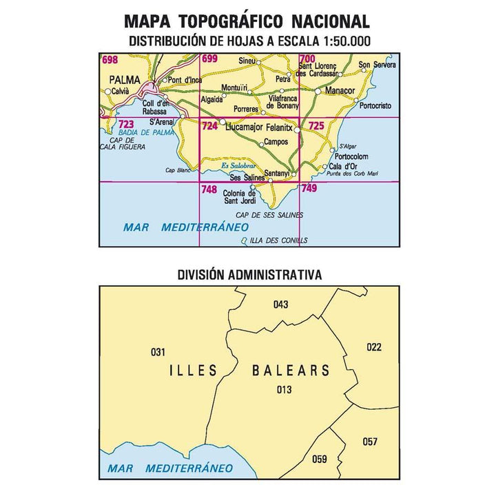 Carte topographique de l'Espagne - Lluchmajor (Mallorca), n° 0724 | CNIG - 1/50 000 carte pliée CNIG 