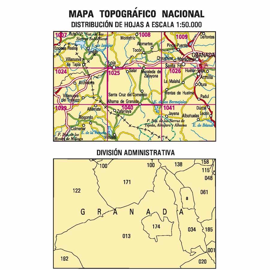 Carte topographique de l'Espagne n° 1025 - Loja | CNIG - 1/50 000 carte de randonnée CNIG