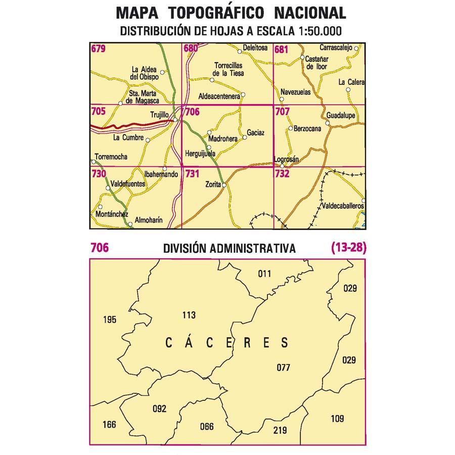 Carte topographique de l'Espagne - Madroñera, n° 0706 | CNIG - 1/50 000 carte pliée CNIG 