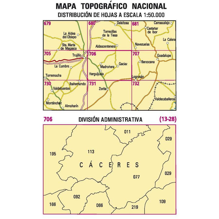Carte topographique de l'Espagne - Madroñera, n° 0706 | CNIG - 1/50 000 carte pliée CNIG 