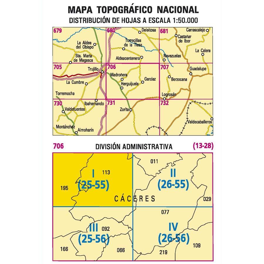 Carte topographique de l'Espagne - Madroñera, n° 0706.1 | CNIG - 1/25 000 carte pliée CNIG 
