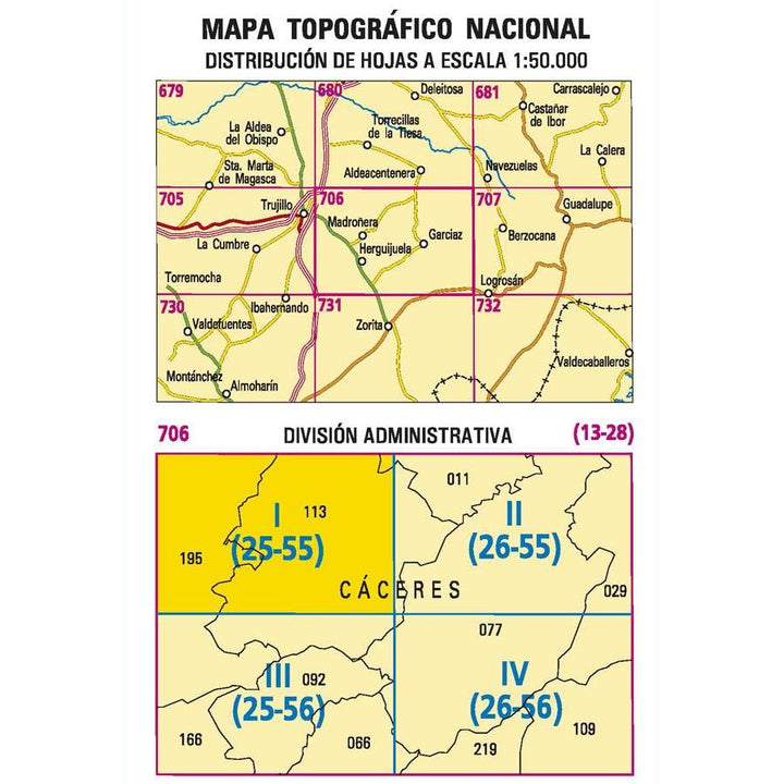 Carte topographique de l'Espagne - Madroñera, n° 0706.1 | CNIG - 1/25 000 carte pliée CNIG 
