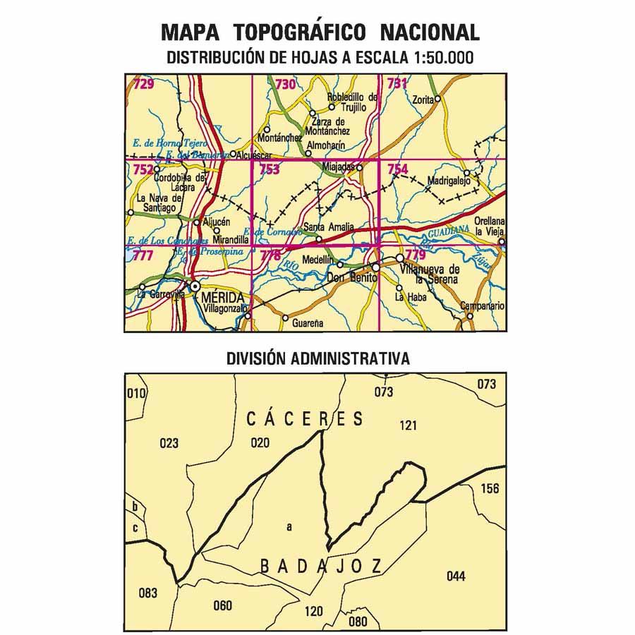 Carte topographique de l'Espagne n° 0753 - Miajadas | CNIG - 1/50 000 carte de randonnée CNIG