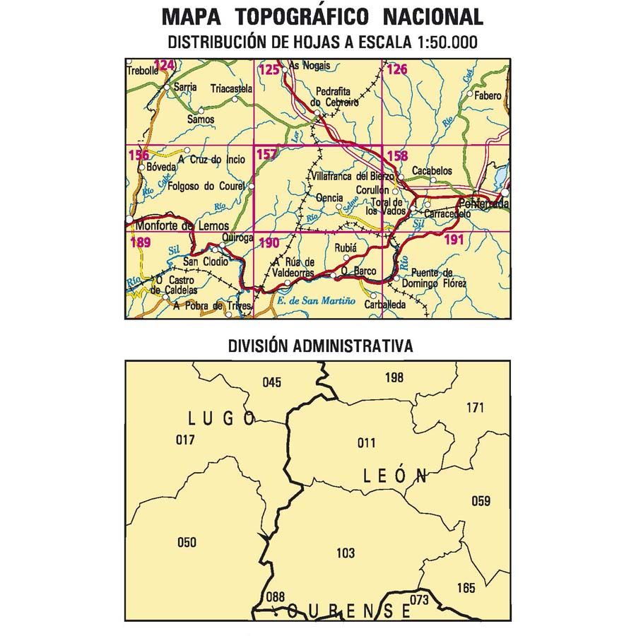 Carte topographique de l'Espagne n° 0157 - Oencia | CNIG - 1/50 000 carte de randonnée CNIG