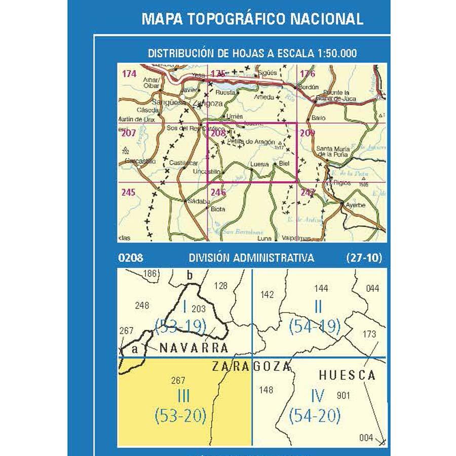 Carte topographique de l'Espagne n° 0208.3 - Uncastillo | CNIG - 1/25 000 carte de randonnée CNIG