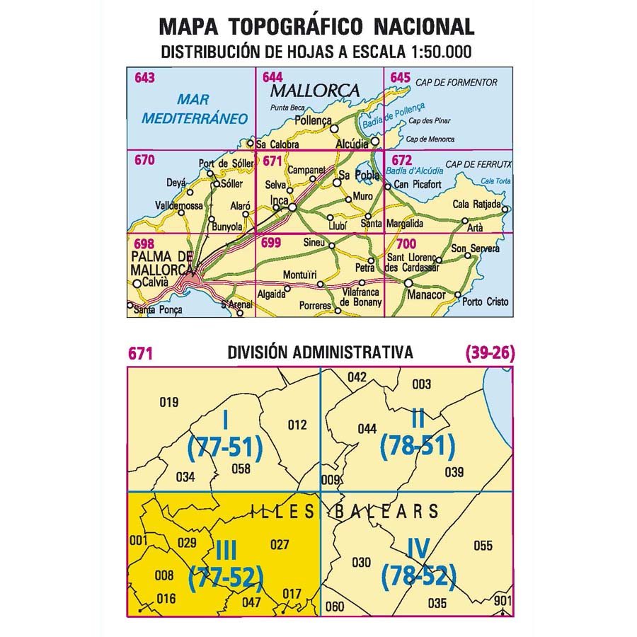 Carte topographique de l'Espagne n° 0671.3 - Inca (Mallorca) | CNIG - 1/25 000 carte de randonnée CNIG