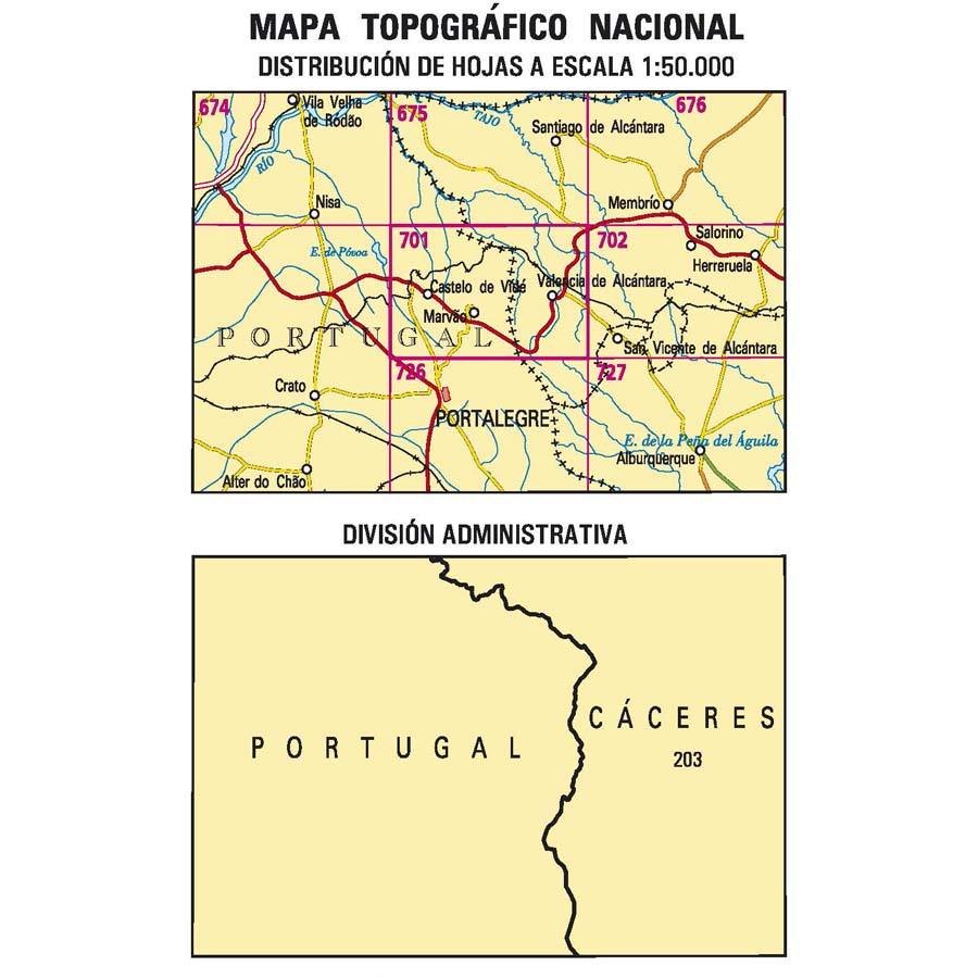 Carte topographique de l'Espagne n° 0701 - Valencia de Alcántara | CNIG - 1/50 000 carte de randonnée CNIG