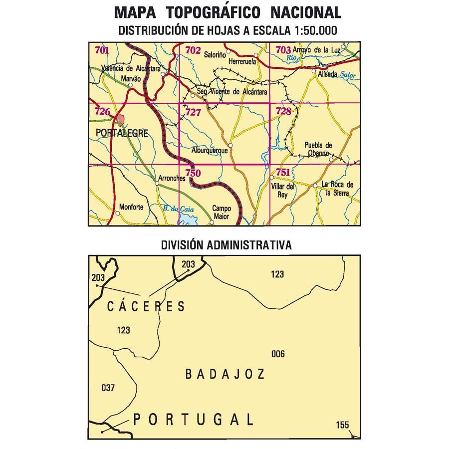 Carte topographique de l'Espagne n° 0727 - Alburquerque | CNIG - 1/50 000 carte de randonnée CNIG
