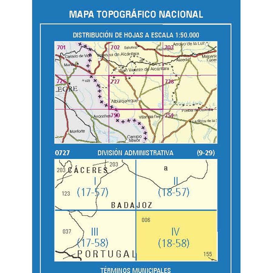 Carte topographique de l'Espagne n° 0727.4. - Alburquerque | CNIG - 1/25 000 carte de randonnée CNIG