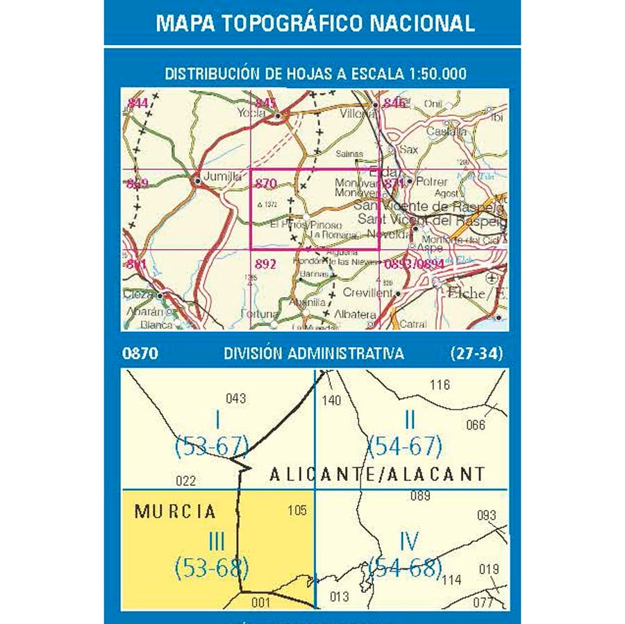 Carte topographique de l'Espagne n° 0870.3 - El Pinos/ Pinoso | CNIG - 1/25 000 carte de randonnée CNIG