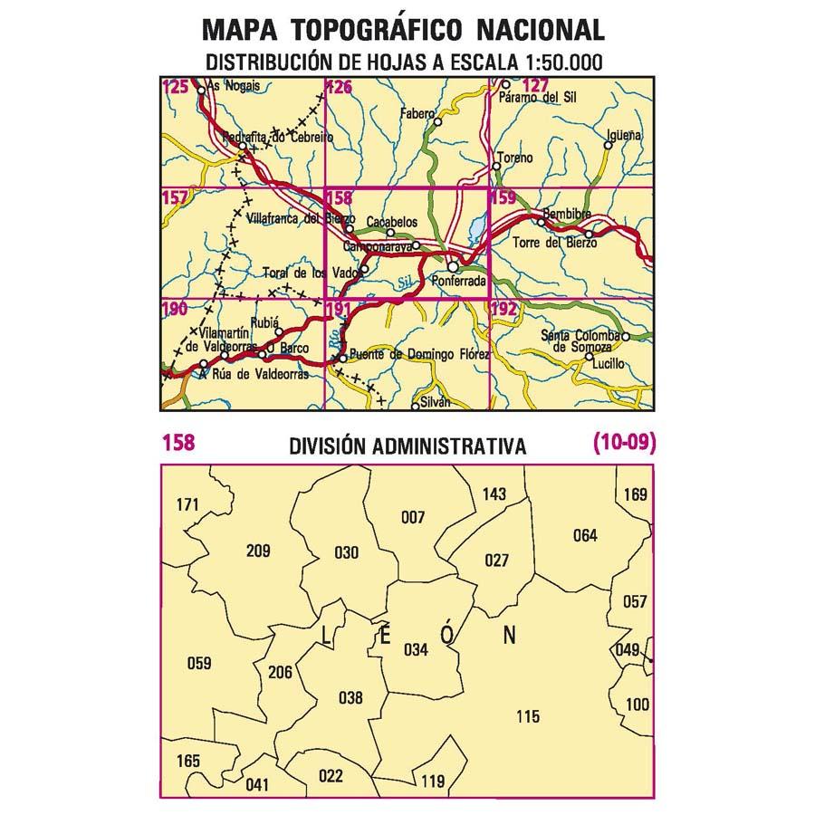 Carte topographique de l'Espagne n° 0158 - Ponferrada | CNIG - 1/50 000 carte de randonnée CNIG
