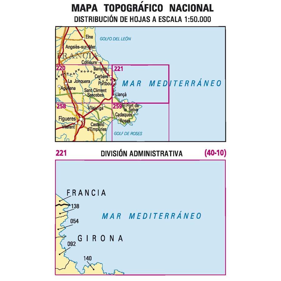 Carte topographique de l'Espagne n° 0221 - Portbou | CNIG - 1/50 000 carte de randonnée CNIG