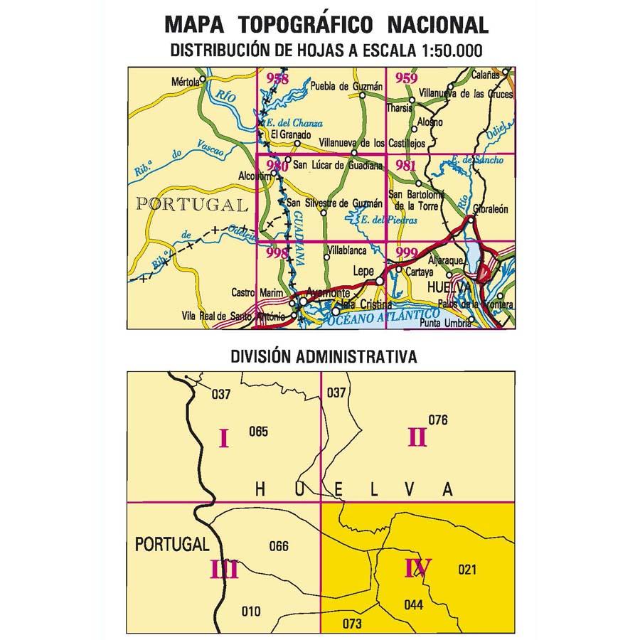 Carte topographique de l'Espagne - San Silvestre de Guzmán, n° 0980.4 | CNIG - 1/25 000 carte pliée CNIG 