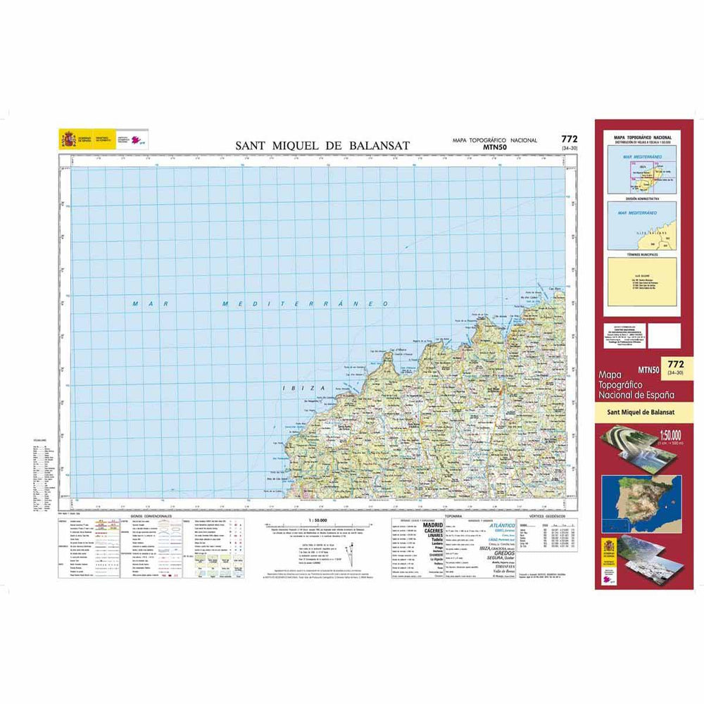 Carte topographique de l'Espagne - Sant Miquel de Balansat (Ibiza), n° 0772 | CNIG - 1/50 000 carte pliée CNIG 