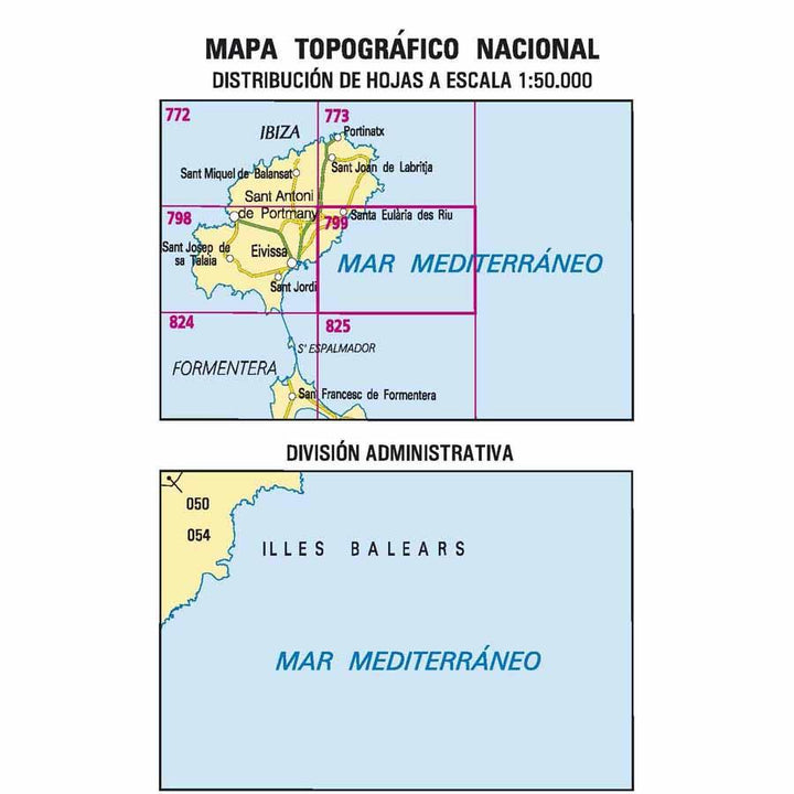 Carte topographique de l'Espagne - Santa Eulalia del Río (Ibiza), n° 0799 | CNIG - 1/50 000 carte pliée CNIG 