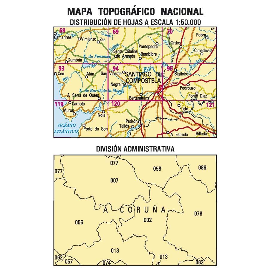 Carte topographique de l'Espagne n° 0094 - Santiago de Compostela | CNIG - 1/50 000 carte de randonnée CNIG