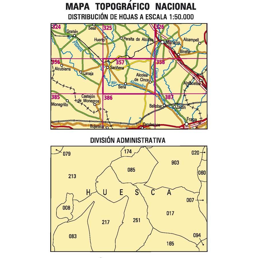 Carte topographique de l'Espagne n° 0357 - Sariñena | CNIG - 1/50 000 carte de randonnée CNIG
