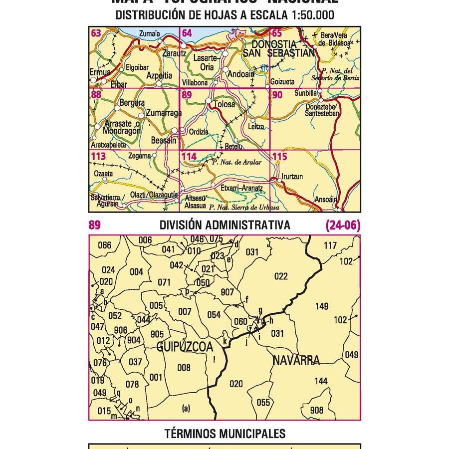 Carte topographique de l'Espagne n° 0089 - Tolosa | CNIG - 1/50 000 carte de randonnée CNIG