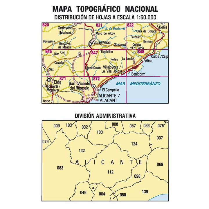 Carte topographique de l'Espagne - Villajoyosa/La Vila Joiosa, n° 0847 | CNIG - 1/50 000 carte pliée CNIG 