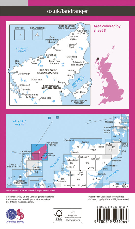 Carte topographique n° 008 - Stornoway, North Lewis (Grande Bretagne) | Ordnance Survey - Landranger carte de randonnée Ordnance Survey