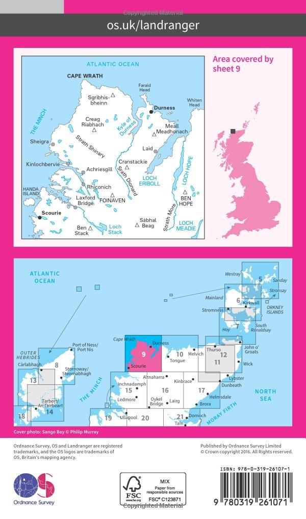 Carte topographique n° 009 - Cape Wrath (Grande Bretagne) | Ordnance Survey - Landranger carte pliée Ordnance Survey 