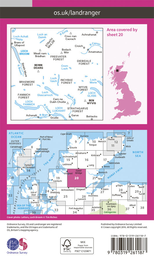 Carte topographique n° 020 - Beinn Dearg, Loch Broom (Ben Wyvis) (Grande Bretagne) | Ordnance Survey - Landranger carte de randonnée Ordnance Survey
