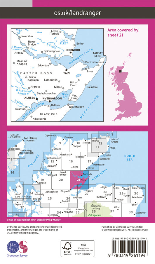 Carte topographique n° 021 - Dornoch, Alness (Grande Bretagne) | Ordnance Survey - Landranger carte de randonnée Ordnance Survey