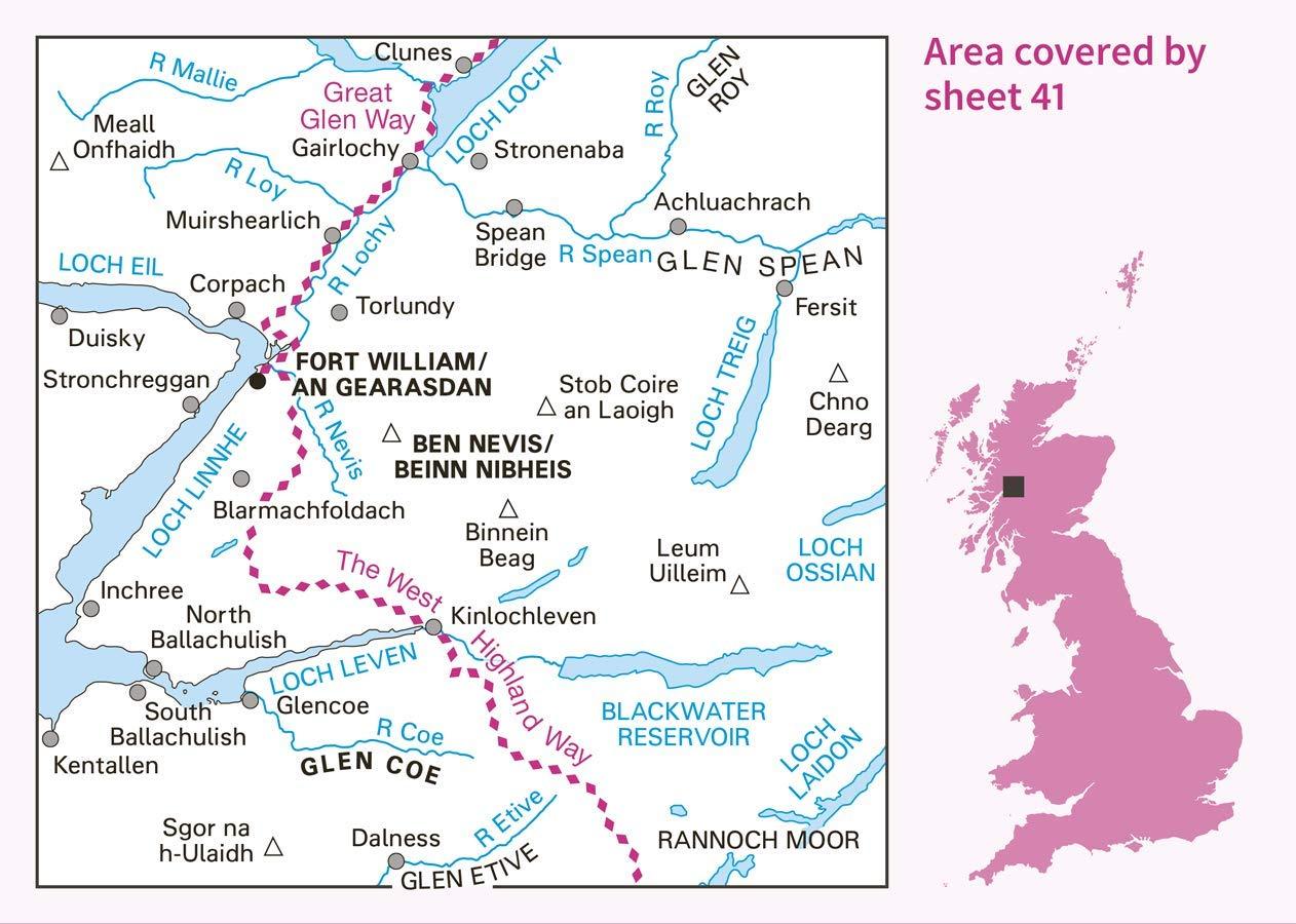 Carte topographique n° 041 - Ben Nevis, Fort William, Glen Coe (Ecosse) | Ordnance Survey - Landranger carte de randonnée Ordnance Survey
