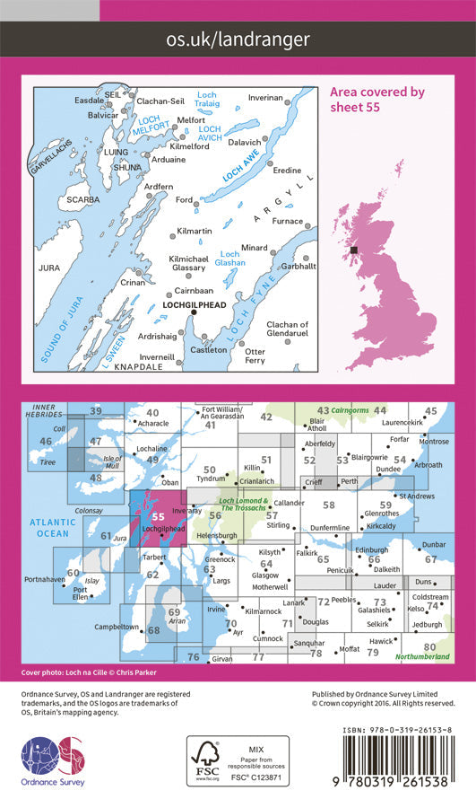 Carte topographique n° 055 - Lochgilphead, Loch Awe (Grande Bretagne) | Ordnance Survey - Landranger carte de randonnée Ordnance Survey