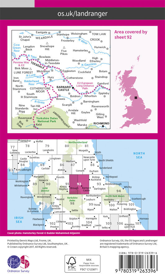 Carte topographique n° 092 - Barnard Castle (Grande Bretagne) | Ordnance Survey - Landranger carte de randonnée Ordnance Survey